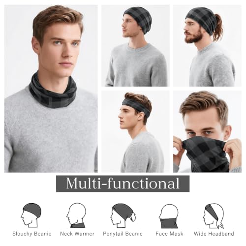 Plaid Slouchy Beanie for Men - Cotton Stretch Skull Cap