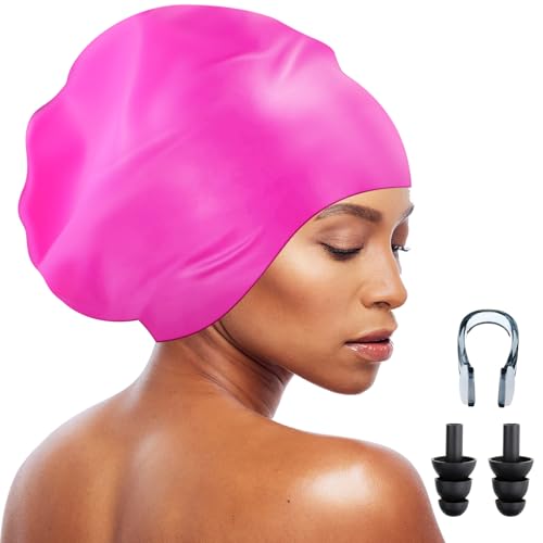 Extra Large Swim Cap for Braids with Ear Plugs & Nose Clip - Rose Red