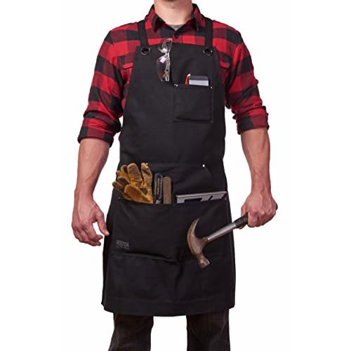 Hudson Durable Goods Heavy Duty Waxed Canvas Apron for Men and Women, Adjustable Crossback Work Apron with Tool Pockets, Water-Resistant - Fits up to XXL, Black