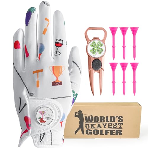 GKandi Women's Golf Glove with Magnetic Ball Marker - WineCup Medium, Left Hand, All Weather, Breathable, Stylish Set with Tee & Divot Tool