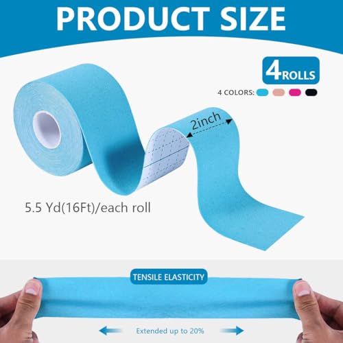 Waterproof Kinesiology Tape - 4 Rolls for Muscle Pain Relief - Black, Skin, Pink, Light Blue