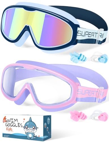 Supertrip Kids Swim Goggles with Fabric Strap - Seablue/Pink/Purple, Size Adjustable