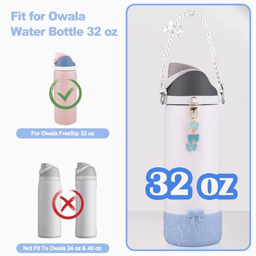 Wututir 32oz Blue Water Bottle Accessories Set with Bow Handle Strap & Silicone Bling Boot for Owala
