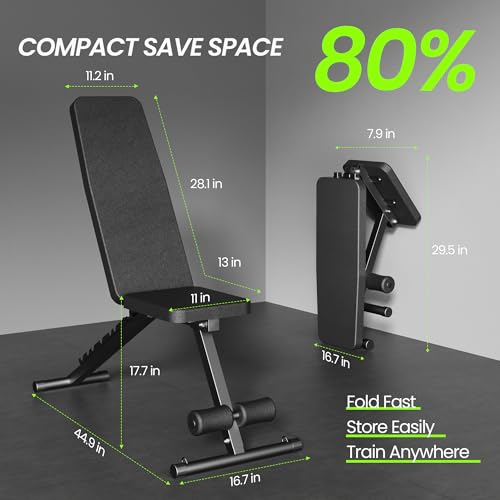 Adjustable Weight Bench - Foldable Incline Decline Flat Bench with Resistance Bands for Strength Training