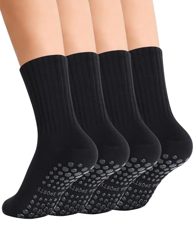 Non-Slip Pilates Socks for Women - 4 Pack, One Size - Black