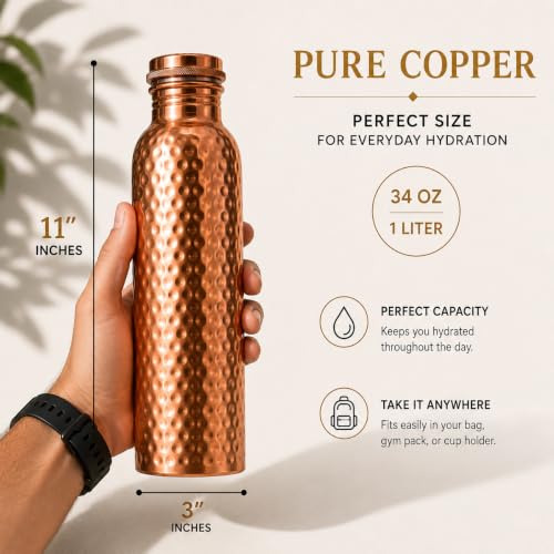 G1 Essentials 34 oz Copper Water Bottle - Handcrafted Leak-Proof Travel Hydration