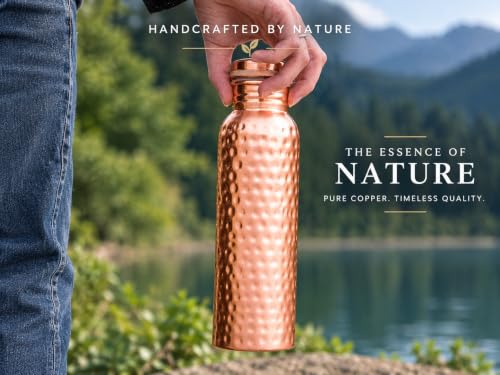 Pure Copper Water Bottle, 34 Oz (1 Litre), Travel Friendly, Hammered
