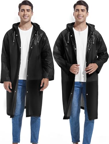 Reusable Rain Ponchos for Adults - 2-Pack Black Raincoats with Drawstring and Sleeves