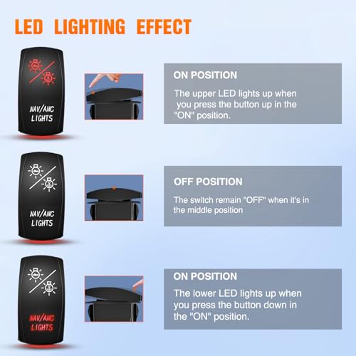 Nilight Red NAV/ANC 7Pin Rocker Switch with Jumper Wires - Marine & Automotive Use