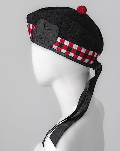 UMAM Scottish Glengarry Cap 7 3/4 Black & Red Diced Wool Traditional Hat