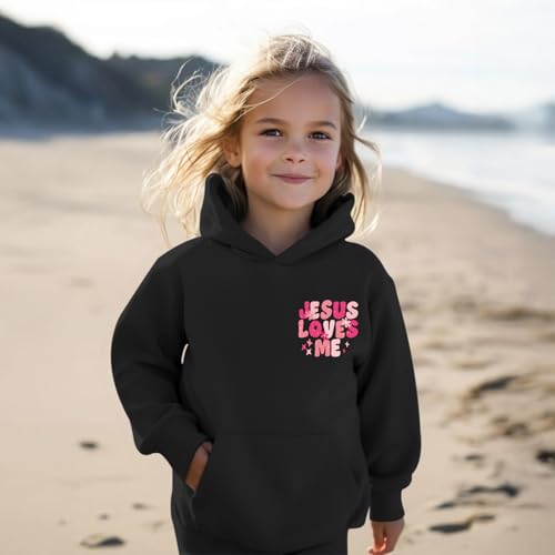 Girl's Christian Graphic Hoodie - God Jesus Loves Me - Black, 5-6 Years