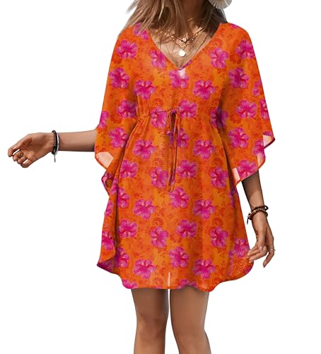 Sheer Chiffon Floral Print Women's Swimsuit Coverup - Orange Floral, Large