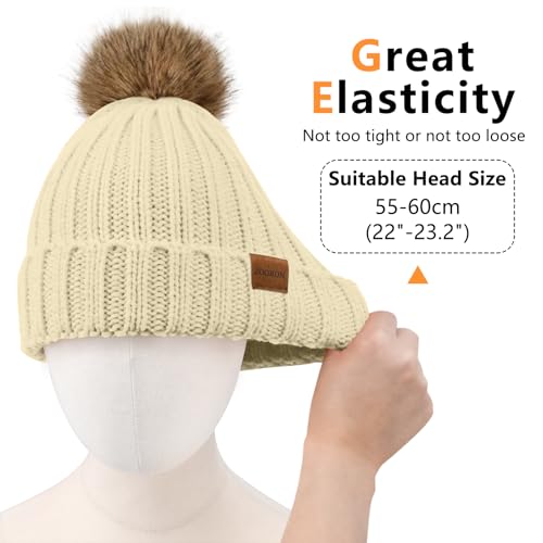 Women's Winter Knitted Beanie Hat with Faux Fur Pom - Beige