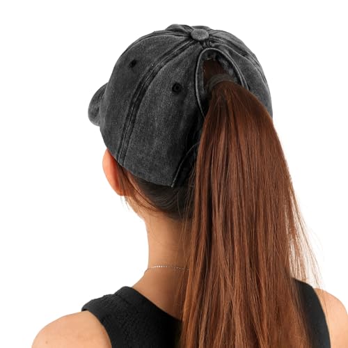 HeyCaps Women's Distressed Ponytail Baseball Cap - Black Heart Variation