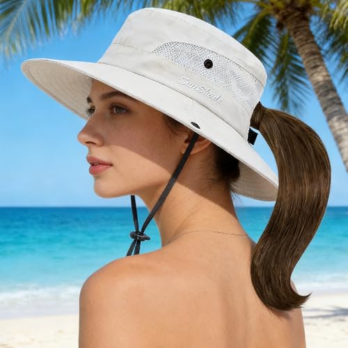Ponytail Sun Hat for Women - Wide Brim UV Protection - One Size / Ivory