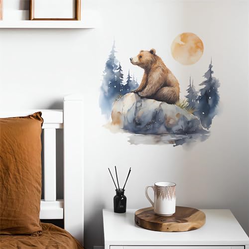 Dream Forest Brown Bear Wall Stickers, sacinora Watercolor Cartoon Animal Wall Decals Removable Vinyl Peel and Stick for Bedroom Living Room Nursery Toddler Room Kindergarten Art Decorations