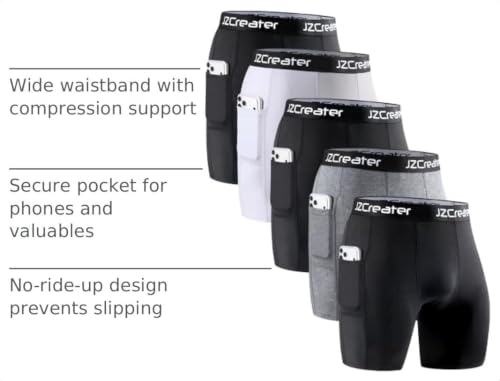 JZCreater 5-Pack Men’s Compression Shorts with Pocket – 3 Black, 1 White, 1 Grey Baselayer