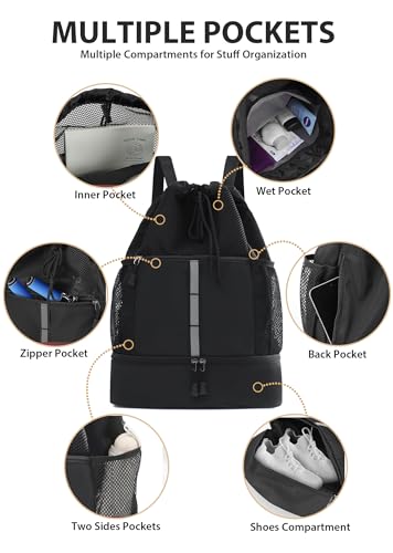 U-helper Drawstring Gym Backpack Black Sports Cinch Sack for Travel & Swimming