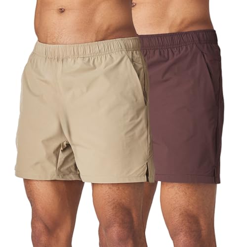 Men's 5 Inch Swim Trunks with Liner 2 Pack - Quick Dry Beach Shorts for Men, Khaki & Espresso, Medium