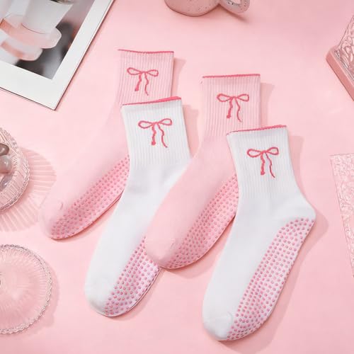 Non-Slip Pilates Grip Yoga Socks for Women - 6 Pairs, Pink & White with Bow