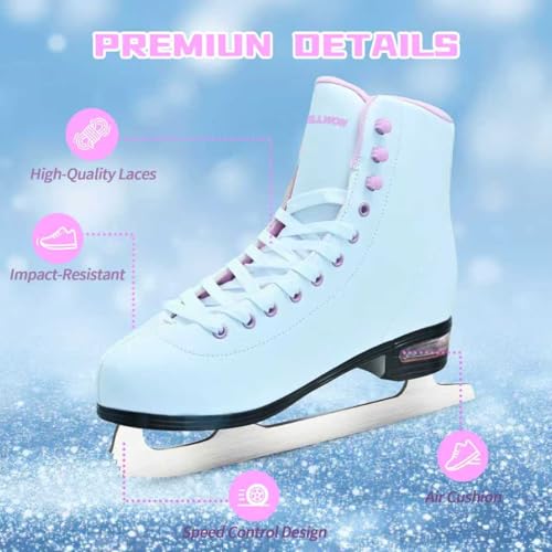 WELLWON Women's Ice Skates with Air Cushion, Classic White Figure Skating Shoes Size 5-10.5, Indoor & Outdoor Use