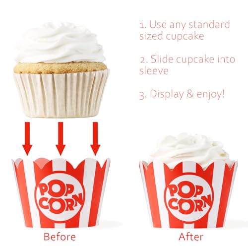 Popcorn Cupcake Wrappers - 48 Count, Adjustable Sizes for Parties