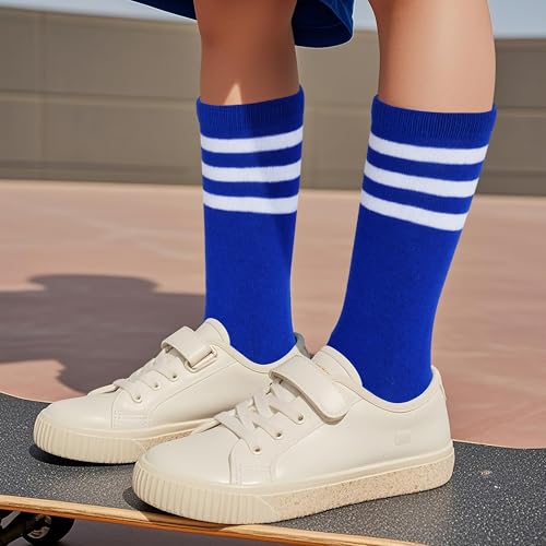 Toddler Kids Soccer Socks - 3 Pairs Athletic Socks 6-9 Years - White/Blue/Black