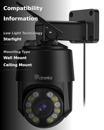 Ctronics 4K 8MP Security Camera Outdoor, PTZ Camera WiFi 2.4/5GHz, AI Human/Vehicle/Pet Detection, Auto Tracking, Color Night Vision, Red & Blue Light Alarm, IP66/Metal