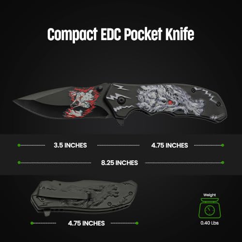 White/Black Wolf Decal Folding Knife - 8-Inch Liner Lock Pocket Knife for EDC, Gift