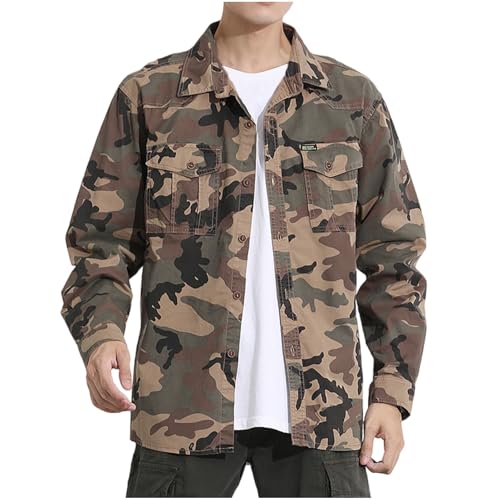 Men's Camo Shirt Jacket - Long Sleeve Button Down - Khaki, X-Large