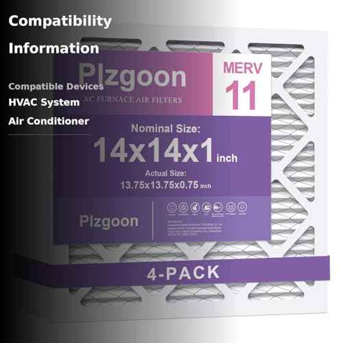 Plzgoon 14x14x1 Air Filter MERV 11 (4 Pack) MPR 1000 Pleated AC Furnace Filters for Home Office Air Conditioner AC HVAC Furnace Heating Systems (Exact Dimensions: 13 3/4x13 3/4x3/4 Inches)