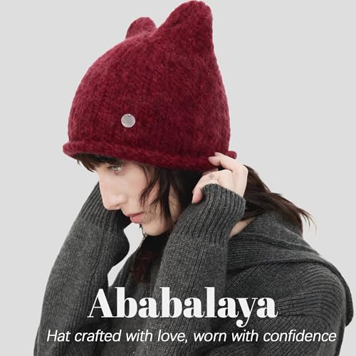 Women's Wool Cat Ear Beanie - Y2K Style Knit Hat - Red