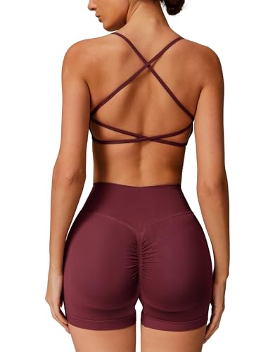 ABOCIW Women's Seamless Workout Sets Backless Sports Bra Scrunch Butt High Waist Gym Shorts 2 Piece Outfit - Wide Red / Small