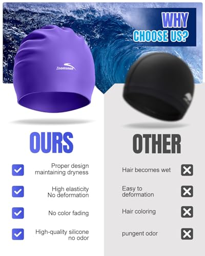 Zoomsnail Purple X-Large Silicone Swim Cap for Long Hair, Waterproof & Leak-Proof