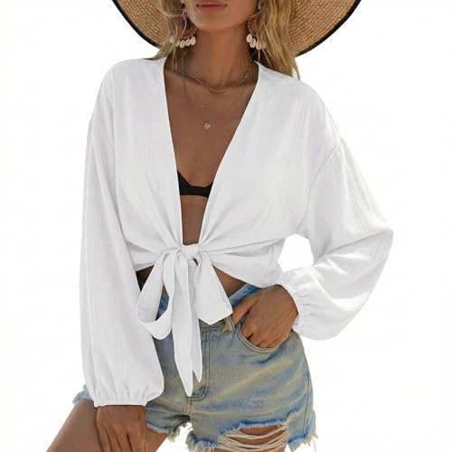 Women's Long Sleeve Tie Front Swimsuit Cover Up - X-Large White