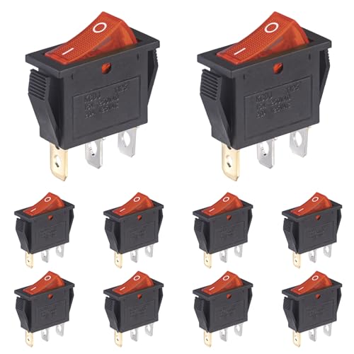 10pcs On/Off Rocker Switch with Red Light - 3 Pin SPST