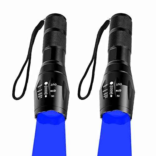 Blue Light Flashlight Single Mode Zoomable Waterproof Led Blue Light for Night Deer Hunting Fishing, 2 Pack