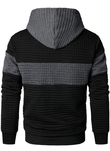 Qichic Men’s Patchwork Plaid Jacquard Hoodie XS-XL Black Dark Grey