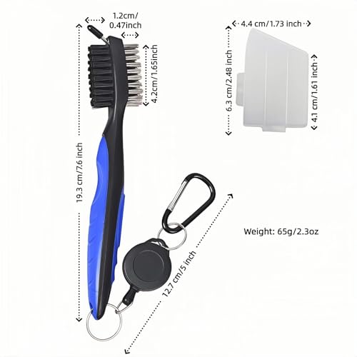 Dual-Sided Golf Club Brush with Retractable Zip-Line & Groove Spike - Blue