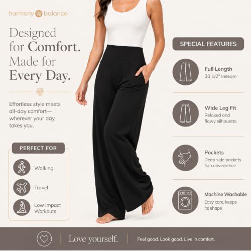 Harmony & Balance Palazzo Pants for Women - High Waisted Wide Leg Yoga Pants with Pockets (Medium, Black Flat Front)