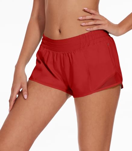 Women's Athletic Running Shorts with Zipper Pocket - Red / Medium - Lightweight Gym Workout with Mesh Liner, Quick Dry