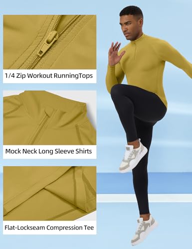Men's Quarter Zip Workout Pullover - Dry Fit Long Sleeve Compression Tee - Turmeric, Medium