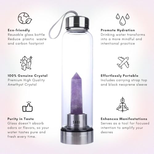 SAOI Amethyst Crystal Water Bottle - Reusable Glass & Stainless Steel Wellness Drinkware