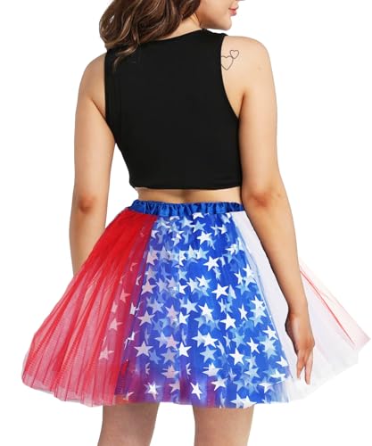 4-Layer Tulle Skirt for Women & Teens - Satin Lined - Large Red, Blue & White Star