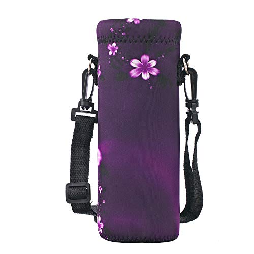 Neoprene Water Bottle Carrier Bag - Adjustable Strap, 500ml Purple Flowers