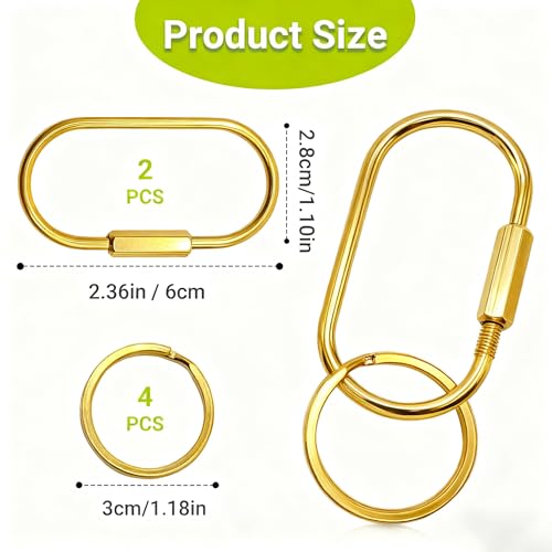 Brass Key Ring Set – Gold Carabiner Clips with 4 Rings, 2 Pack
