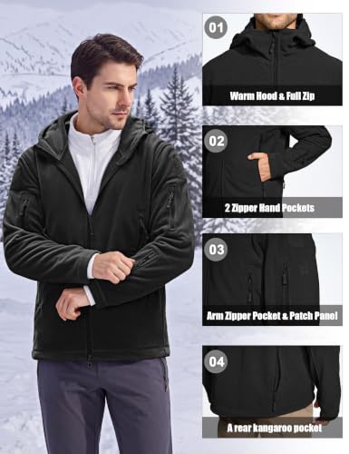 Men's Black Large Tactical Fleece Hoodie Jacket - Warm Winter Outdoor Coat