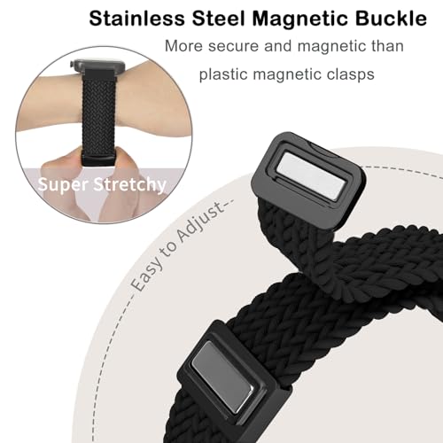 CUNUJIX Black Magnetic Braided Watch Band for Garmin Lily 2 - Elastic Nylon Strap