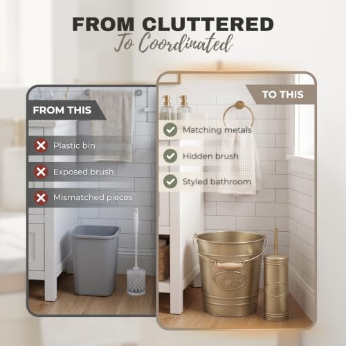 Autumn Alley Rustic Farmhouse Bathroom Trash Can & Toilet Brush Set - Antique Gold, 2 Gal.