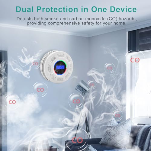 Wireless Interconnected Smoke Carbon Monoxide Detector Battery Powered, Interlinked Combination Smoke and Carbon Monoxide Detector Alarm with Digital Display, Silence Button (White-2)